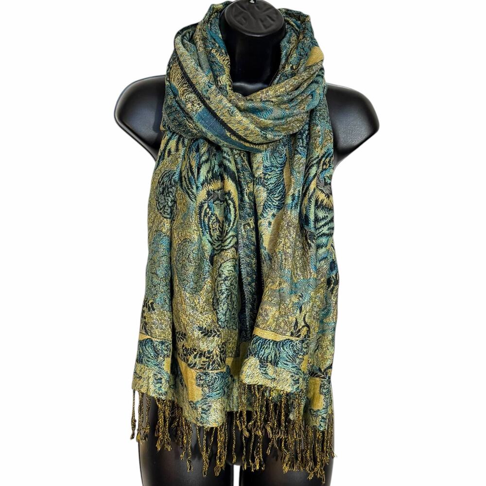 Vtg Tiger Pashmina Scarf Shawl Wrap Jacquard Blue Gold Jungle Fringe Boho Artsy